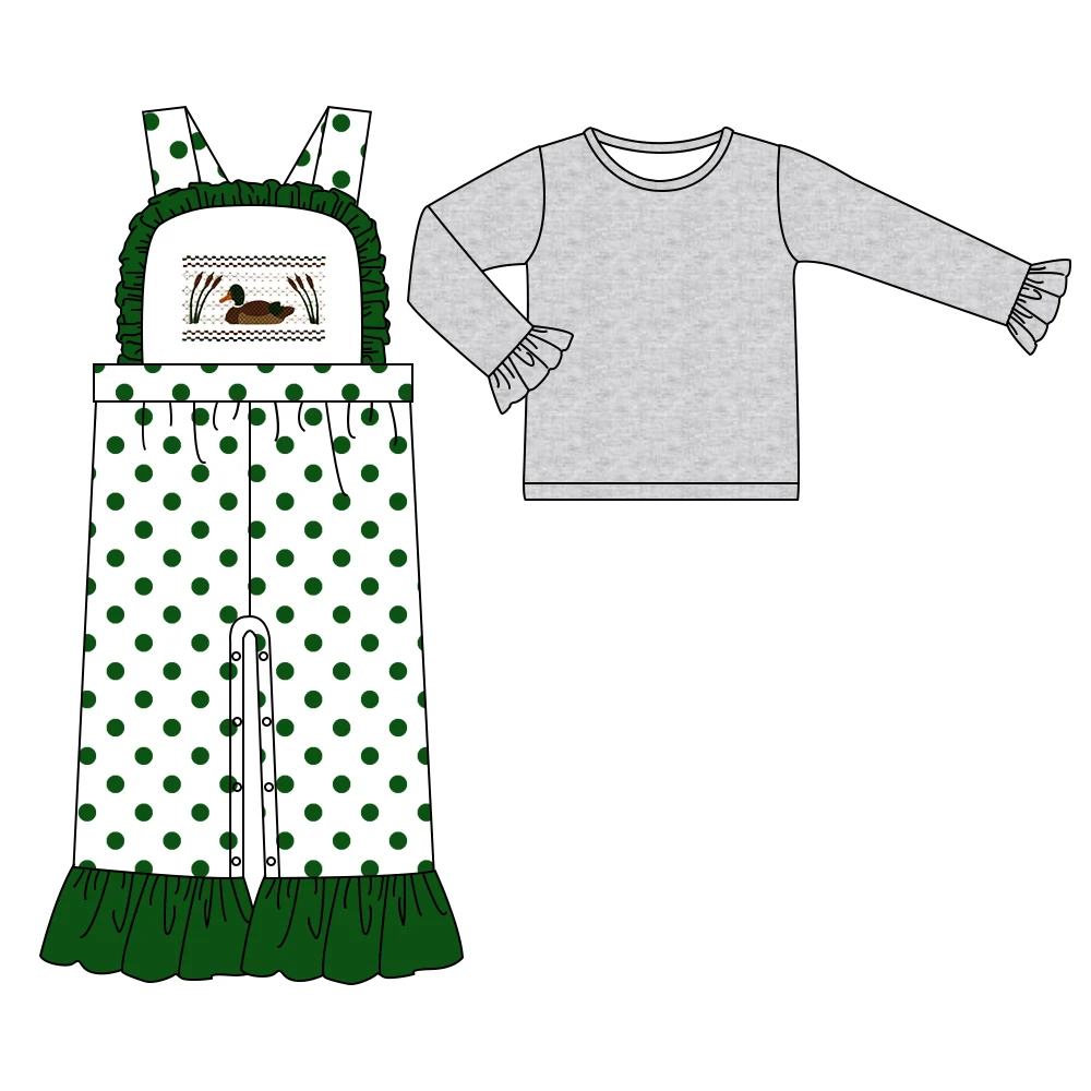 

0-8T 2PCS Baby Girls Clothing Suit Solid Long Sleeve Top Shirts + Green Lattice Duck Casual Overalls Outfit For Spring Autumn