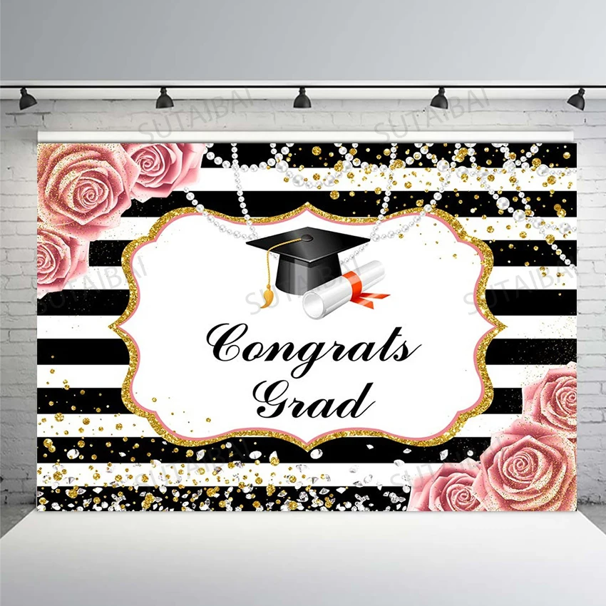 

Congratulations Ggraduation Backdrop Graduate Prom Party Photography Background Pearl Broken Drill Pink Flowers Photo Background