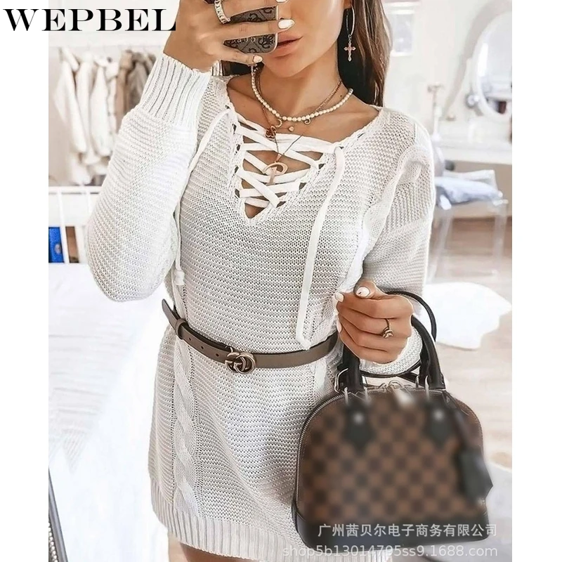 

WEPBEL Fashion Long Sleeve Dress Women's Casual Solid Color Knitted Loose Bandage Dress Autumn V-neck Hollow Out Dress