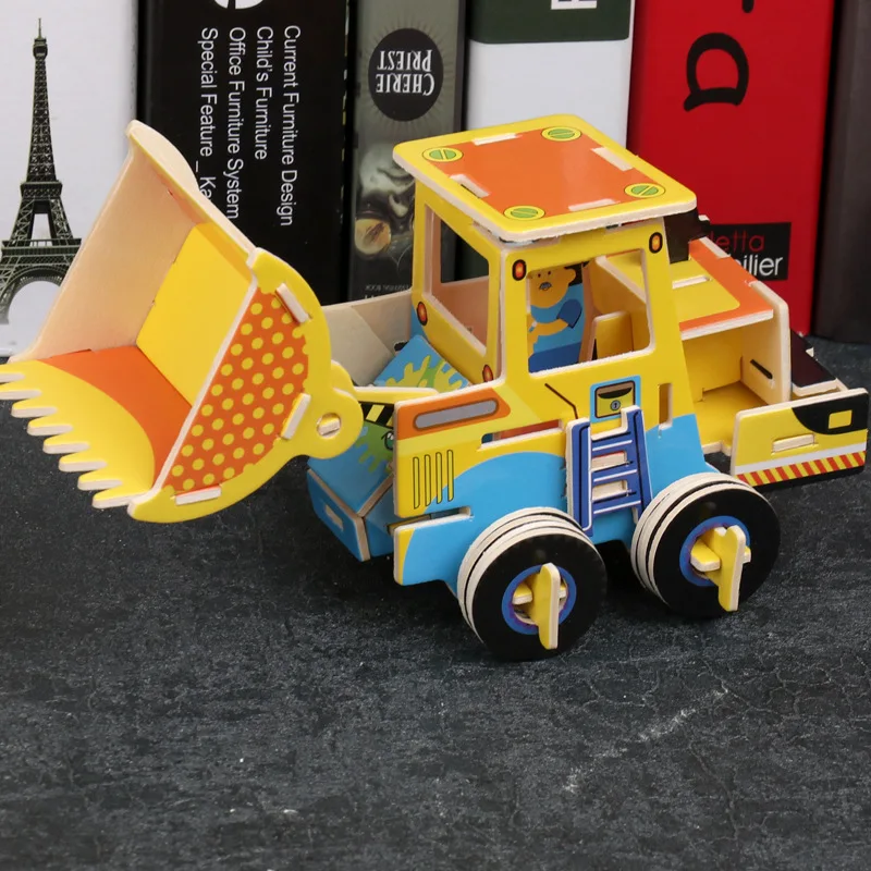 

Children Wooden 3D Puzzle Imposition DIY Puzzles Vehicle Toys Manual Bulldozer Excavator Simulation Small Model Kids Wood Toy