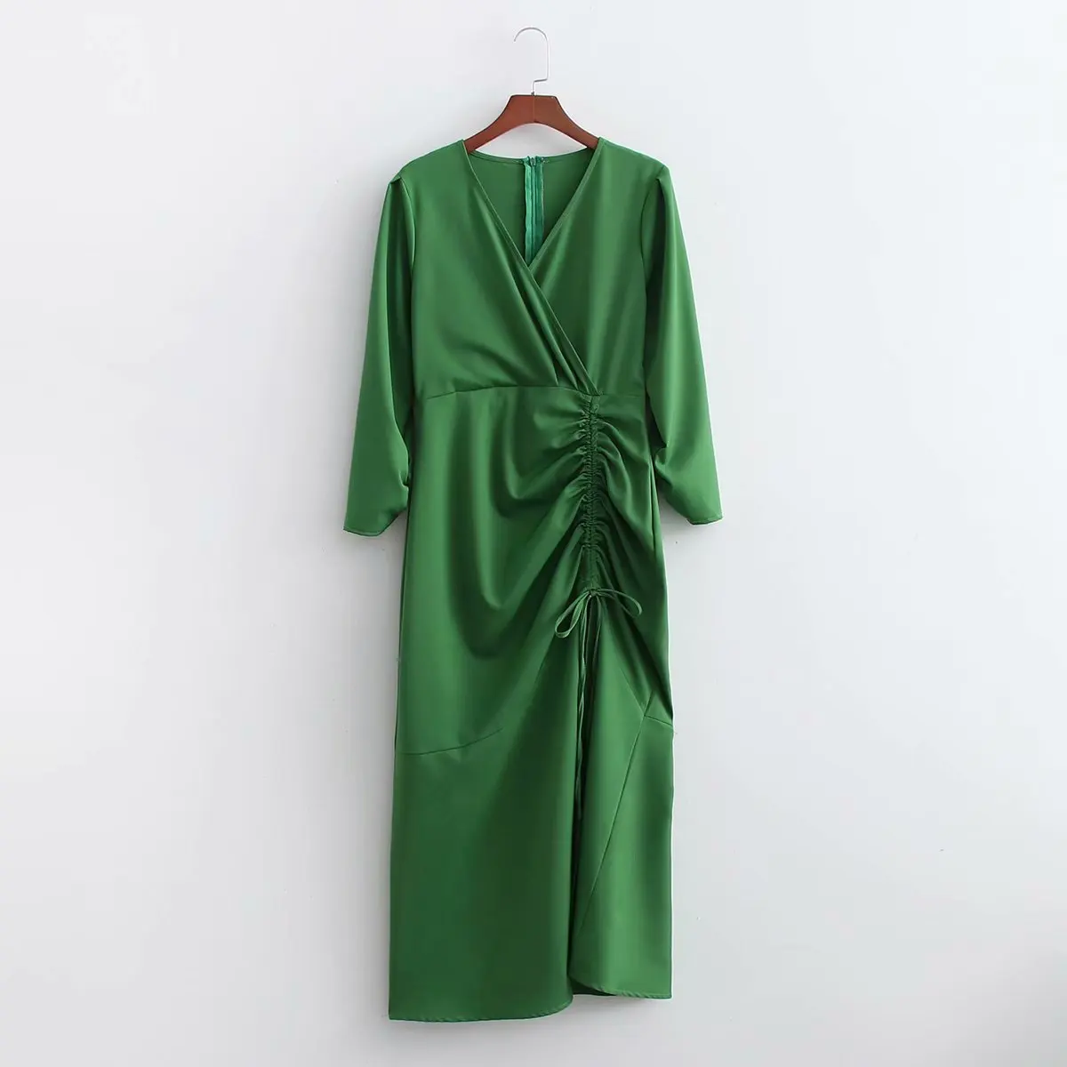 

Осень 2021, модное женское зеленое Плиссированное Платье с V-образным вырезом и длинным рукавом, Офисная модель
