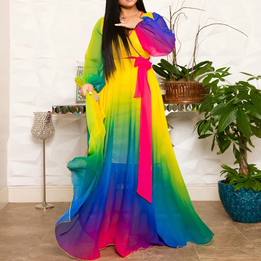 Женское длинное шифоновое платье в африканском стиле разноцветное пол с поясом
