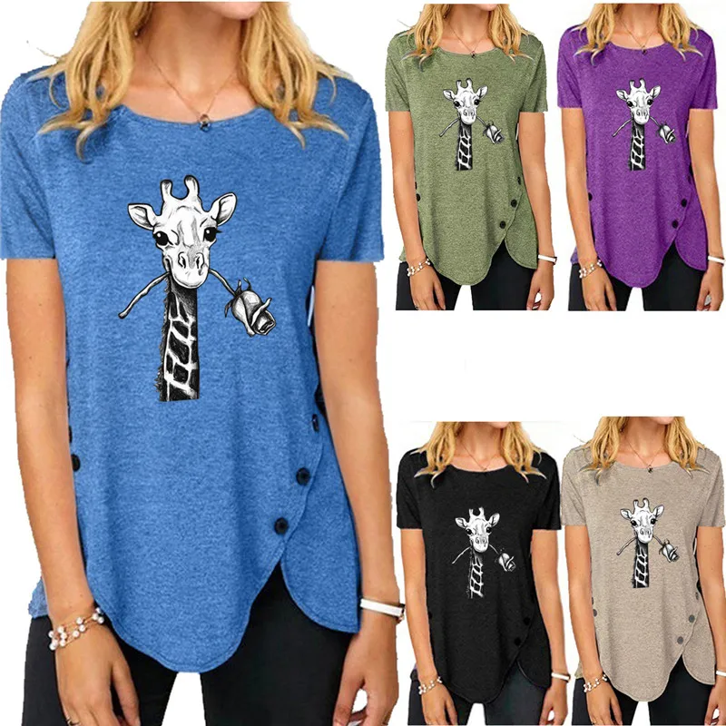 

New Summer Women Printed Buttons T-shirt Oversized Ladies Short-Sleeve O Neck Tee Plus Size Casual Irregular Streetwear Tops 5XL