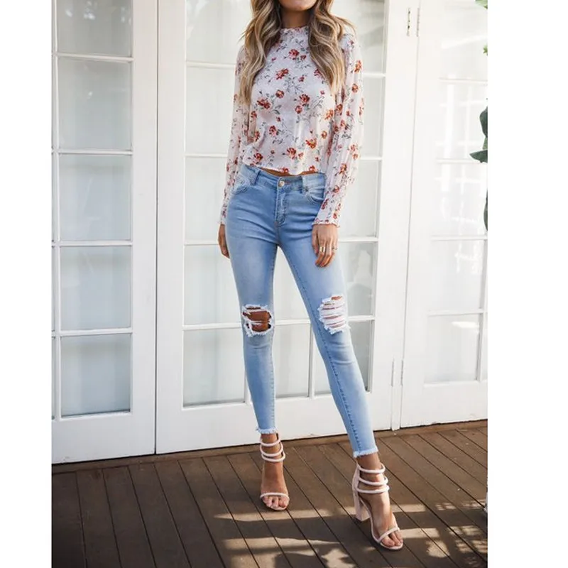 

Womens Floral Shirts Sexy Sheer Mesh Floral Print Short Crop Tops Long Sleeve Crew Neck Stretchy T-Shirt Fashion Spring Blouse