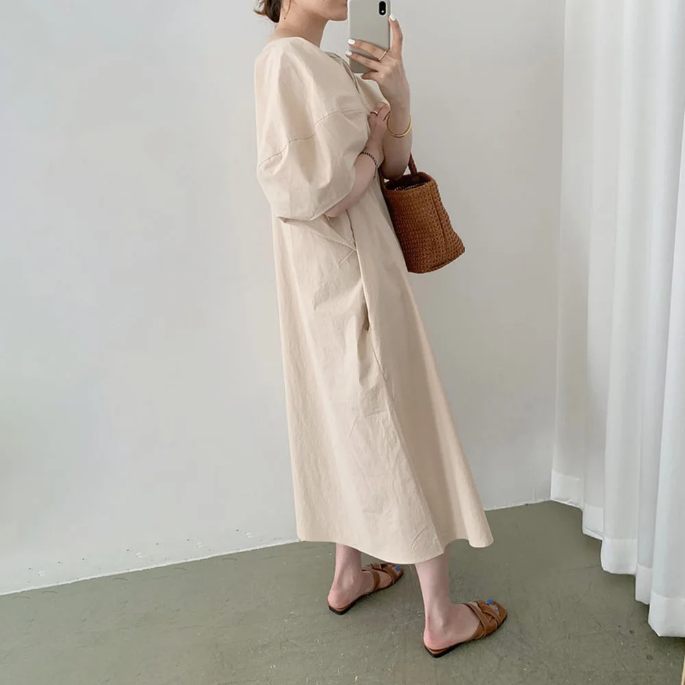 

Dress Women Korean Style Gathered Five-quarter Sleeve Round Neck Ladies Fashion Dress A-line Plain Pullover Dress Loose Casual