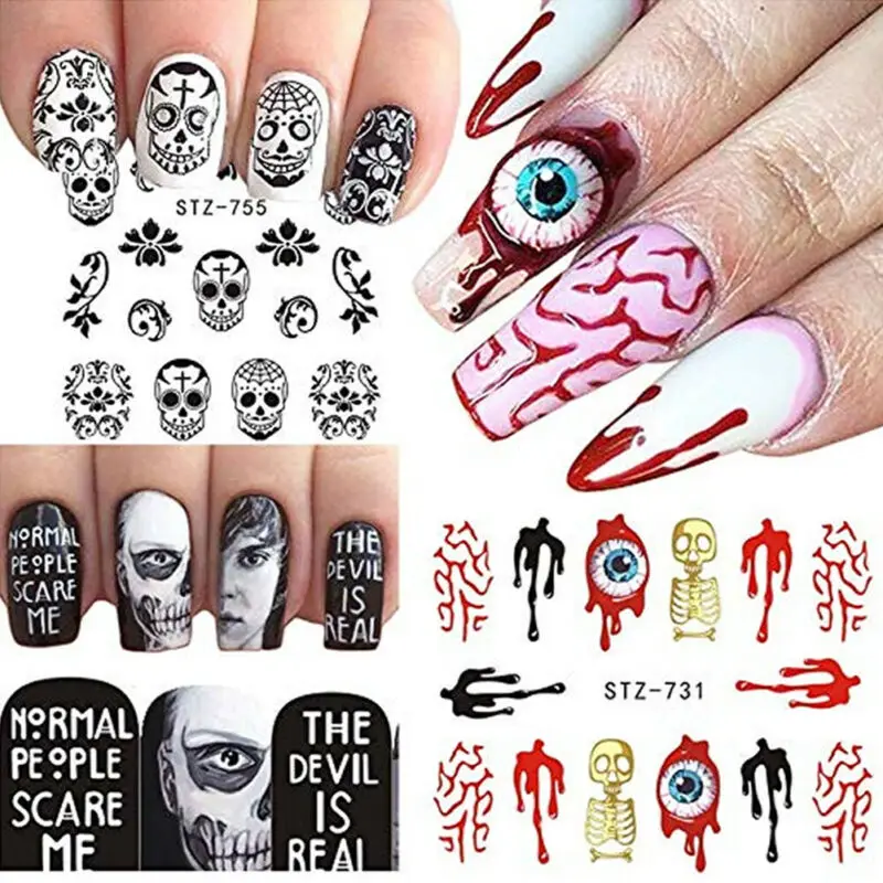 25 шт. 10 наклейки для ногтей на Хэллоуин и Рождество черные черепа вечерние деколи