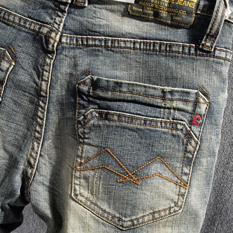 European Vintage Fashion Men Jeans Elastic Cotton Slim Fit Retro Ripped Jeans Men Distressed Designer Casual Denim Pencil Pants