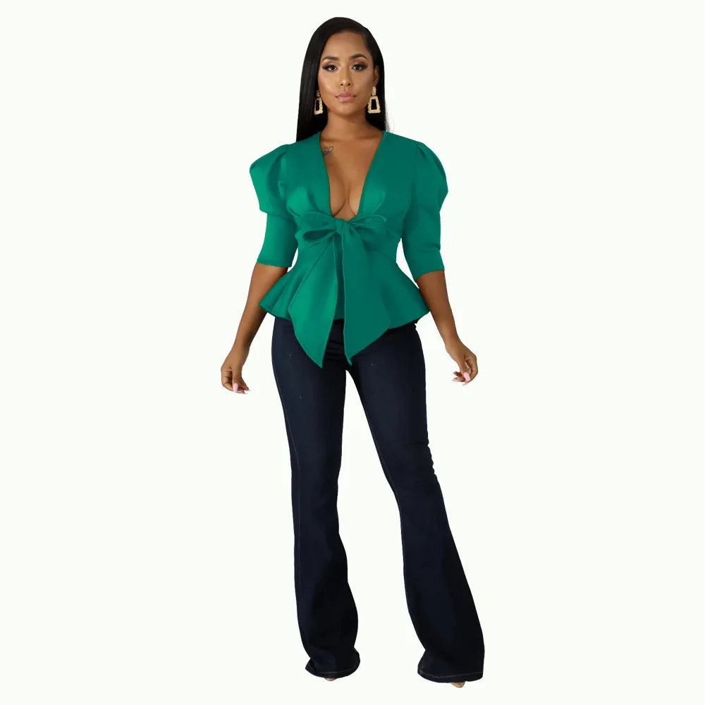 

Fashion Women's Sexy Ruffle Hem Cardigan Bandage Coat Office Lady Three Quarter V-neck Solid Outerwear & Coats