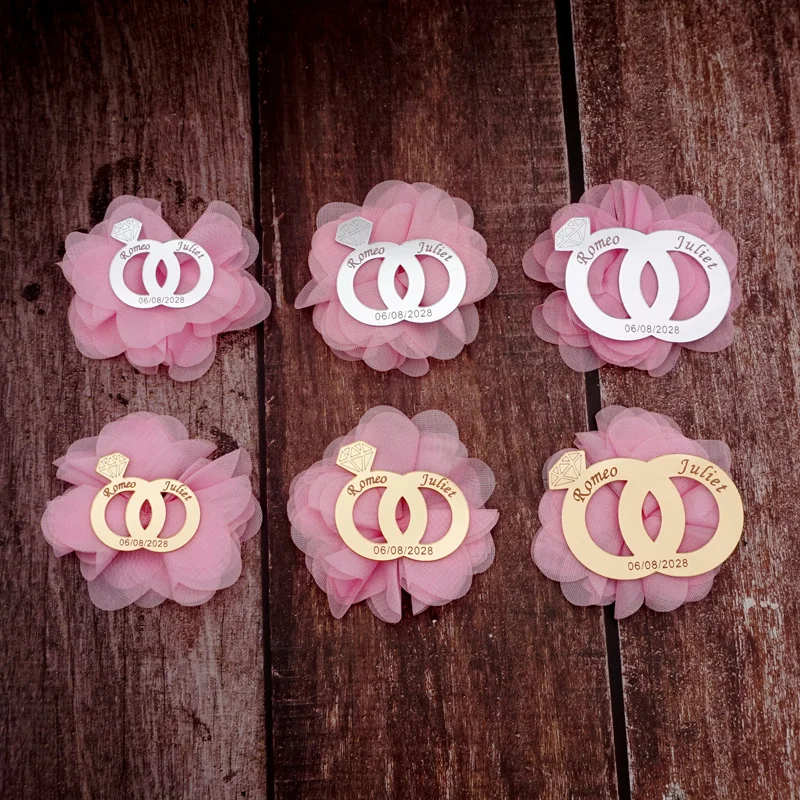 

20Pieces Custom Groom and Bride Name Double Rings Wedding Decor Acrylic Mirror Sticker Praty Personalized Guest Gift with flower