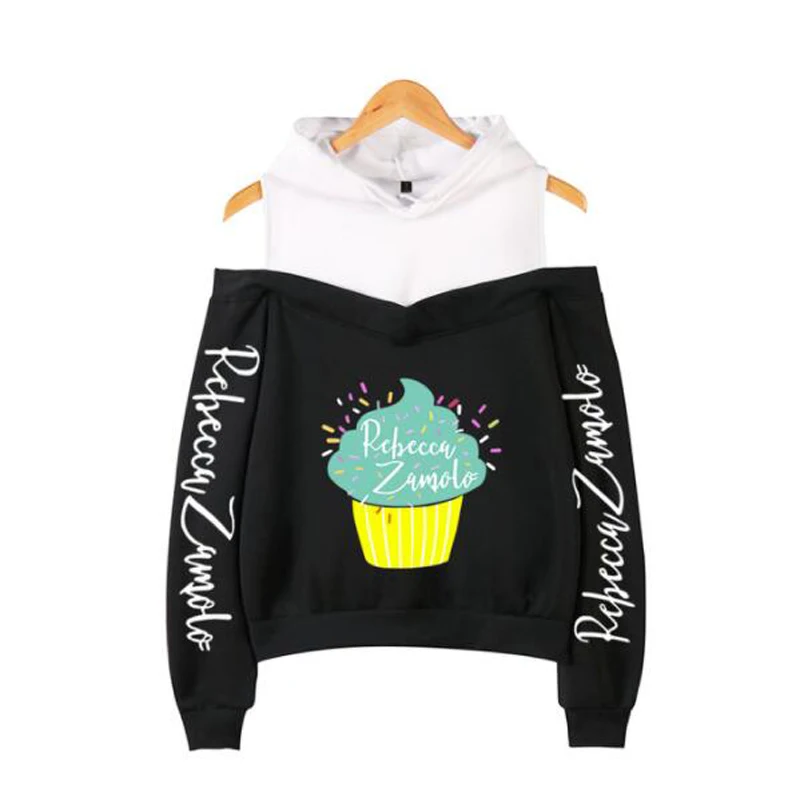 

Zamfam Merch Rebecca Zamolo Hoodie Women Patchwork Long Sleeve Off-Shoulder Hooded Sweatshirts Harajuku Tracksuit Streetwear