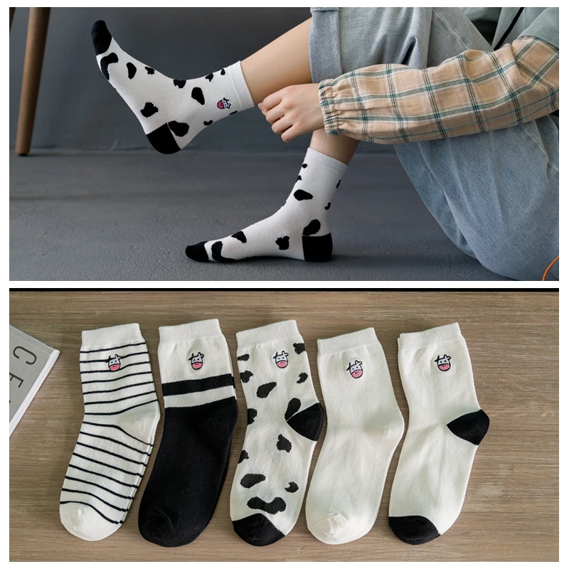 

Milk cow series Printed Sock Lovely Harajuku Japanese Style Cotton Women Socks Striped Solid Breathable Casual Cartoon Socks NEW