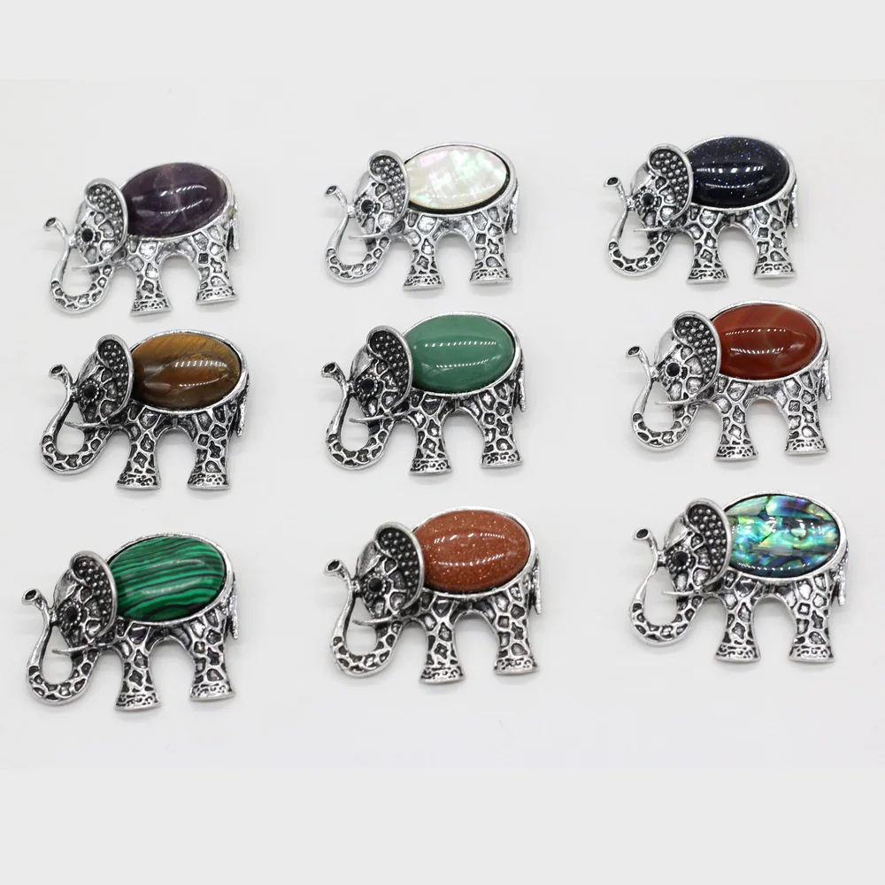 

1pcs Natural Gold Sand Tiger Eye Stone Elephant Shape Charm Brooch Pins for Earring Necklace Jewelry Making Gift Size 43x35mm