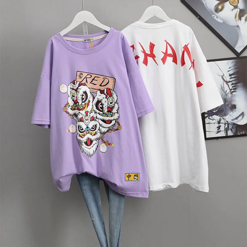 

2022 Summer Arrival Chinese Style Ins Lion Dance Print Short Sleeved T-shirt Women Korean Thin Loose T-shirt Tide Free Shipping