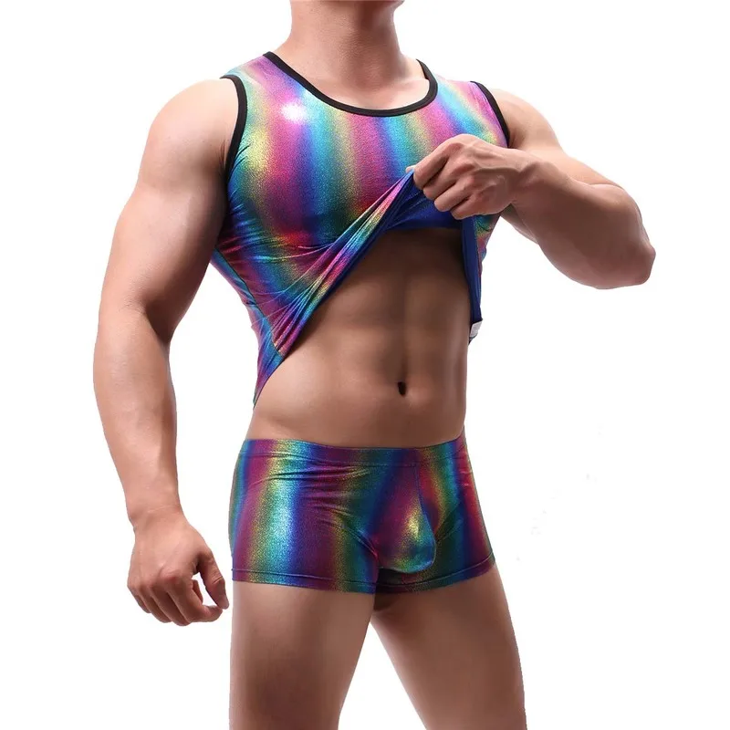 В радужную полоску мужские майки из искусственной кожи латексные футболки без