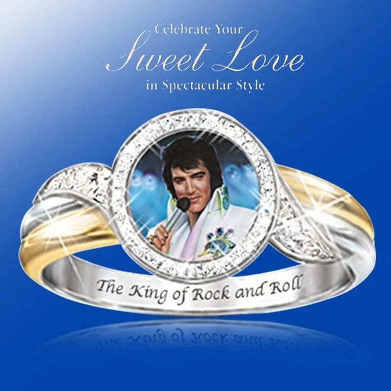 

Classic Fashion New 2021 Singer Elvis Presley Round Jewelry Diamond Two-tone Ring Party Jewelry Accessories