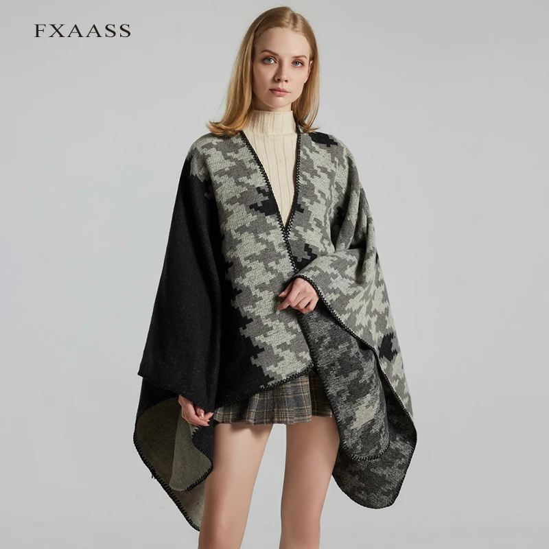 

FXAASS New 2020 Autumn Winter Shawl Fashion Poncho Women Cashmere Scarf Lady Luxury Blanket Warm Pashmina Houndstooth Plaid Cape