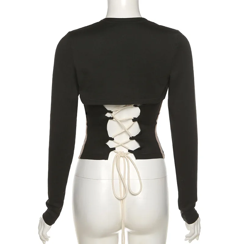 

Two Pieces Detachable Black T-shirts Women Long Sleeve Bandage Tank Tops Y2K Autumn Wild Tees Stretchy Fashion Casual Streetwear