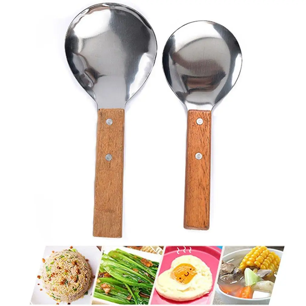 

Large Stainless Steel Spoon With Redwood Handle Rice Soup Spoon Tableware Coffee Beans Tofu Scoop Ice Spoon Kitchen Accessories