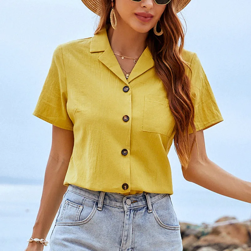 

Summer 100% Cotton Short Sleeve Women's Shirt Button Solid Loose Elegant Shirts Women 2021 Fashion All-match Office Ladies Tops