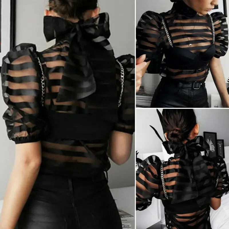 Женская сетчатая Зеленая прозрачная рубашка с коротким рукавом для молодых