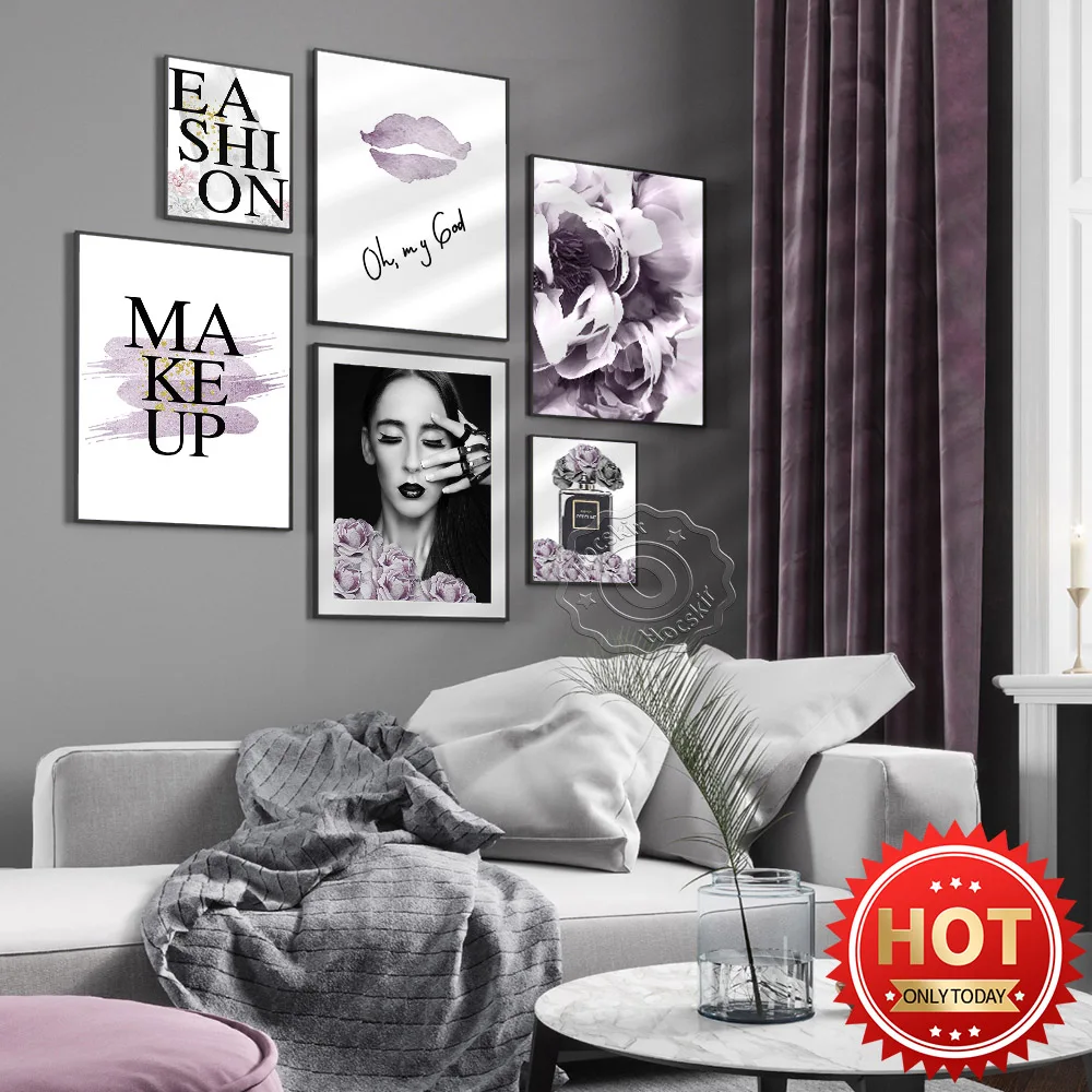 

Beautiful Woman Fashion Art Poster, Watercolour Lip Print Flower Perfume Art Prints, Make Up Hairdressing Beauty Store Decor