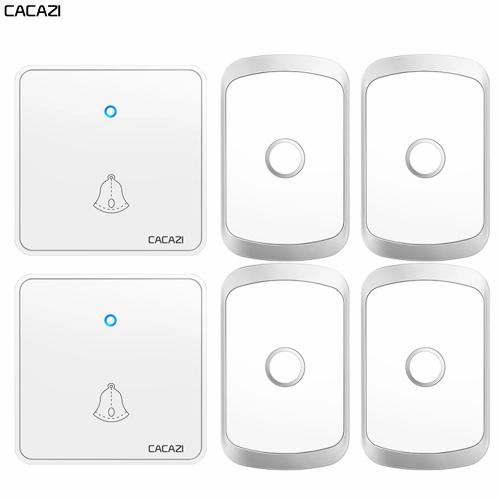 

CACAZI Home Wireless Doorbell 300M Remote CR2032 Battery Waterproof 2 Transmitter 4 Receiver 60 Ring 0-110DB Chime US EU UK Plug