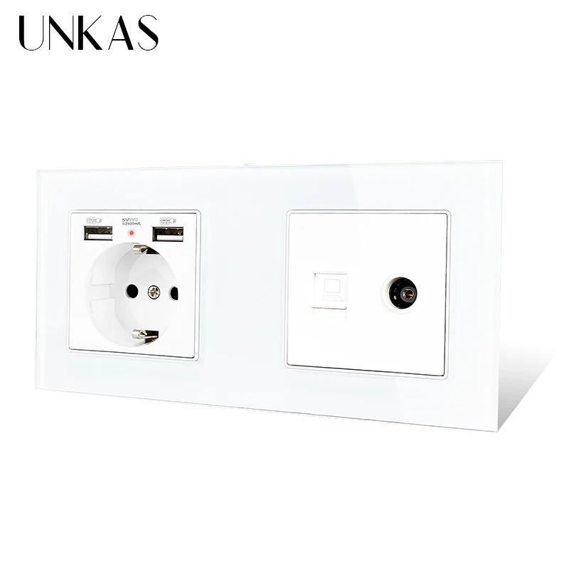 UNKAS электрическая розетка со стеклянной панелью европейского стандарта двойной