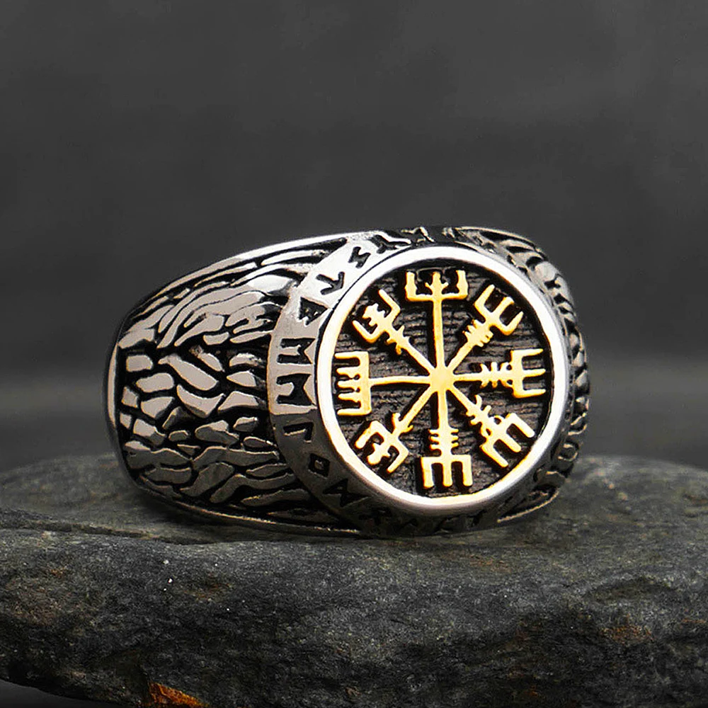 

Vintage Steel/gold Viking Compass Ring For Men Boy Nordic Odin Viking Rune Ring Stainless Steel Biker Amulet Jewelry Gift