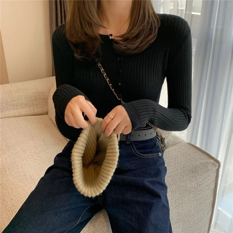 

Korean Style Autumn Winter New Sweater Women O Neck Long Sleeve Button Elasticity Jumper Elegant Slim Knitting Tops 2021