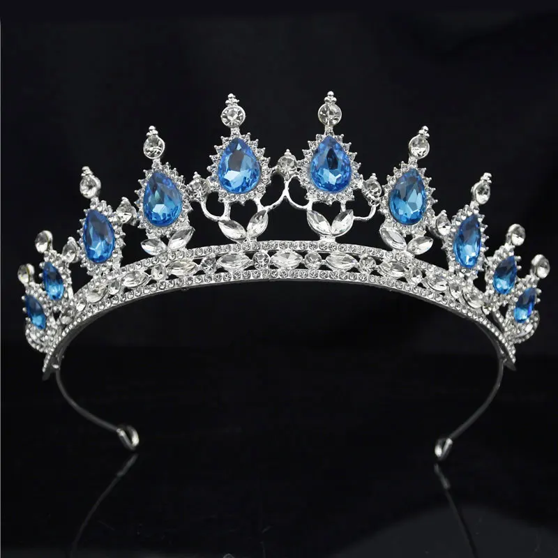 Silver Light Blue Винтажная диадема в стиле барокко с золотыми кристаллами, корона для королевской диадемы, свадебная корона, диадемы, ободки для невесты, свадебные украшения для волос, аксессуары - Окраска металла: Silver Light Blue