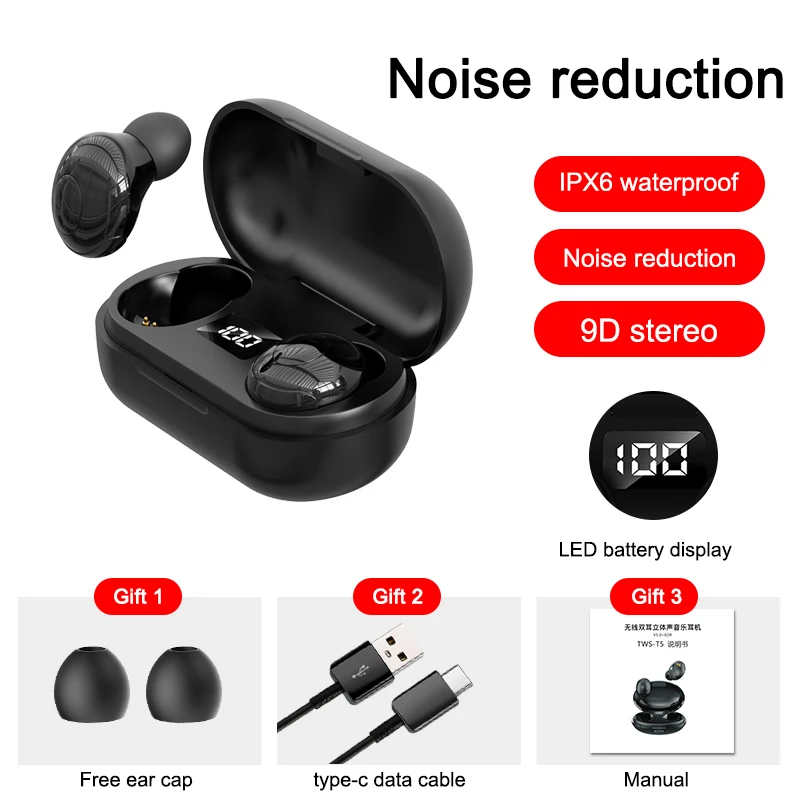 TWS wireless bluetooth 5.0 headset digital display binaural in-ear sports waterproof noise reduction stereo 9D subwoofer earplug