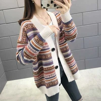 spring and autumn loose and warm womens cardigan v neck striped button top coat retro aesthetic sweaterstriped brown cardigan