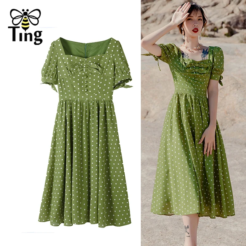 Летнее винтажное платье в горошек трапециевидного силуэта с бантом|Женские