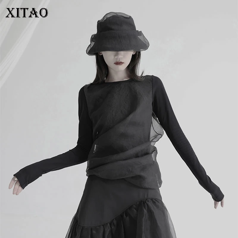 

XITAO, Лоскутная сетчатая плиссированная футболка с круглым вырезом, осень 2021, Новое поступление, Повседневная мода, Саморазвитие, темперамен...