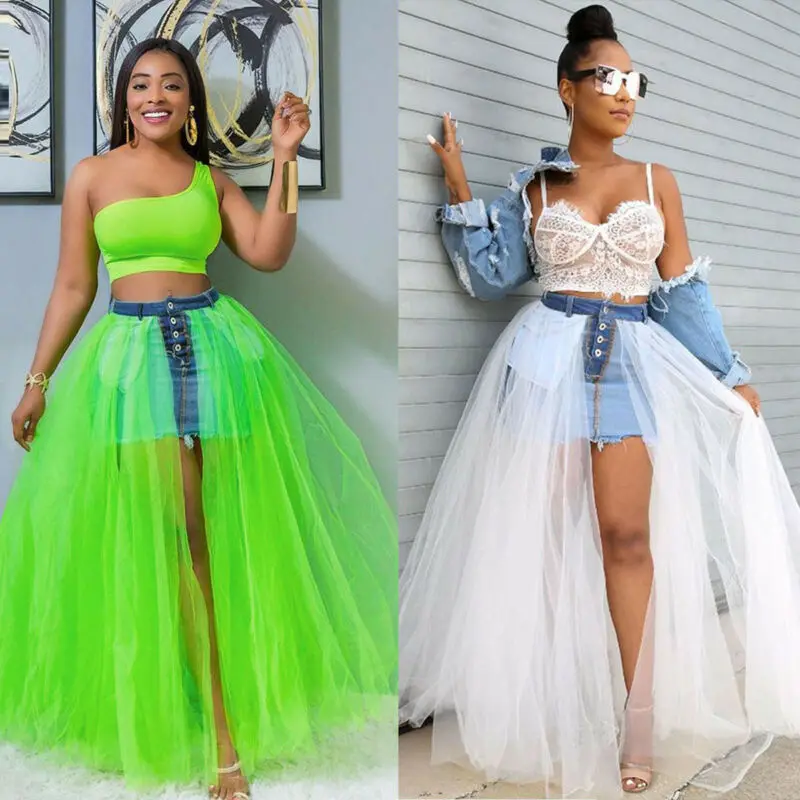 Неоново зеленая сетчатая прозрачная Комбинированная юбка с высокой талией