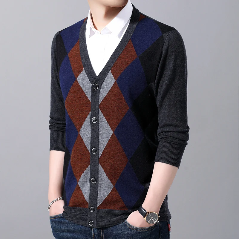 New Fashion Brand 6% Wool Sweaters Mens Cardigan Jumpers Knit V Neck Autumn Patterns Slim Fit Casual Men Clothes
