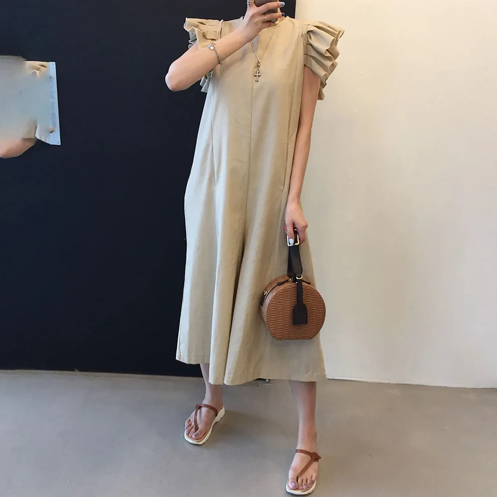 

2021 Summer Japanese Wind Flying Sleeves Loose Fashion Jumpsuit Solid Color Casual Round Neck Simplicity Thin Wide Leg Pants