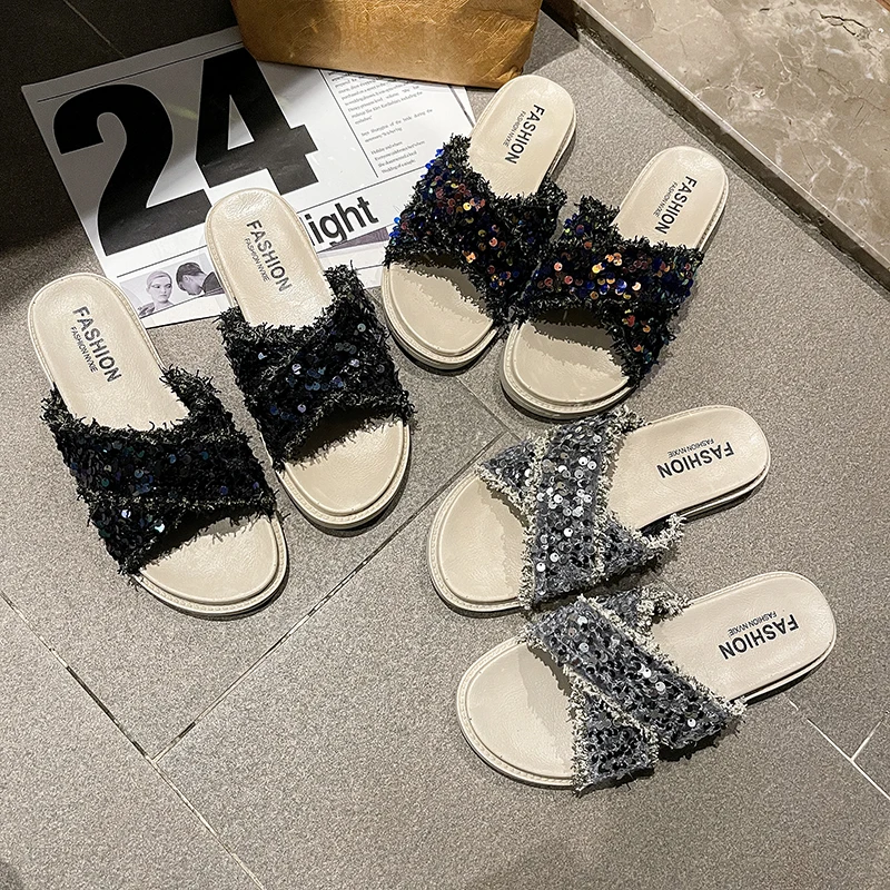 

Flat Shoes Female Slippers Soft Low Slides Fashion Slipers Women Comfort Summer Luxury 2021 Cotton Fabric Rubber Bling Basic Bon