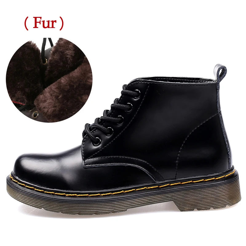 bright black fur Женские ботинки из натуральной кожи; большие размеры 44; зимние ботинки; ботильоны на меху; botas Mujer; ботинки на плоской платформе в стиле панк; Осенняя женская кожаная обувь - Цвет: bright black fur
