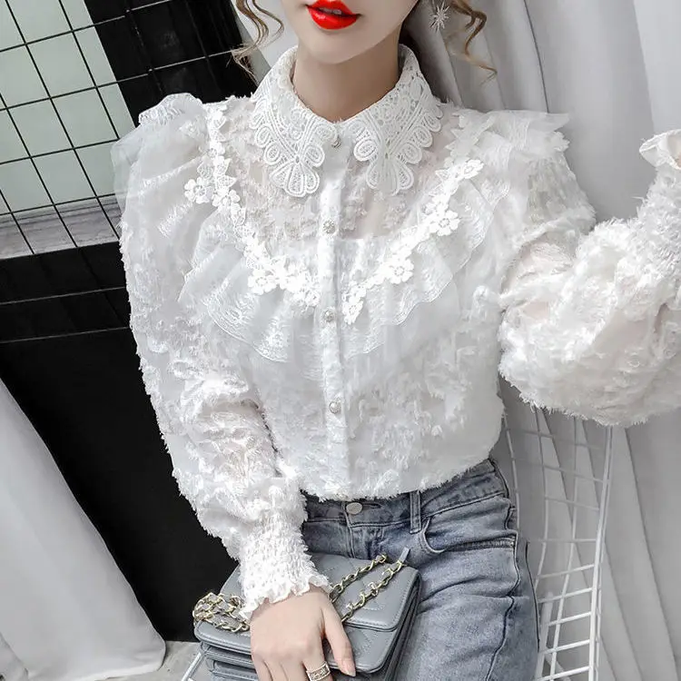 Женская блузка 2021 Осень Зима Стиль кружевная прострочка воротник поло рубашка с