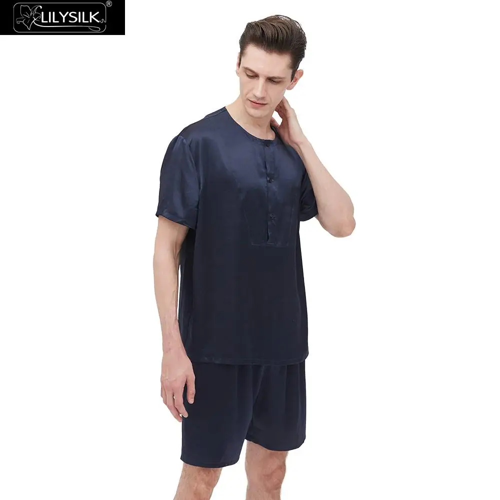 Пижамный комплект LilySilk мужской шелковая короткая простая одежда с круглым