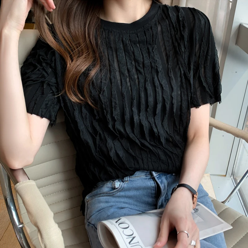

Fashion Summer Loose White Blouse Women 2021 Korean Pleated Short Sleeve Female Shirt Tops Casual Women Clothing Blusas 14348