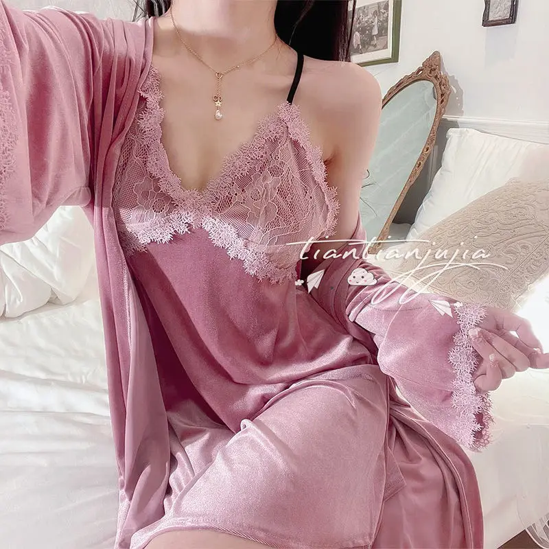 With Chest Pad Beauty Back Halter Pajamas Two-piece Set Autumn Winter New Gold Velvet Pajamas Female Sexy Nightwear Robe Sets