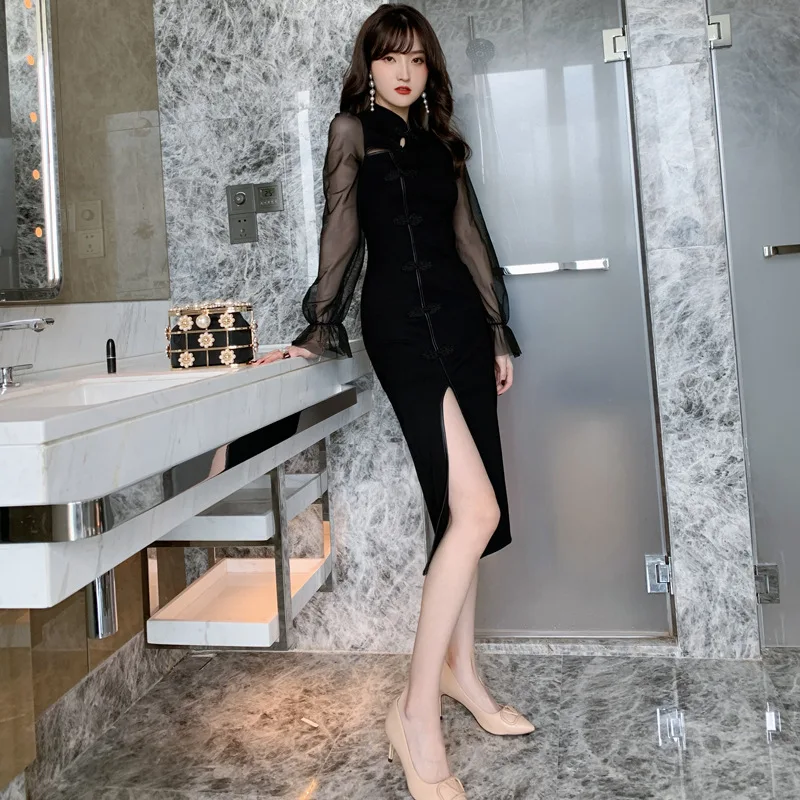 Летнее винтажное черное платье Ципао с воротником стойкой и длинным рукавом