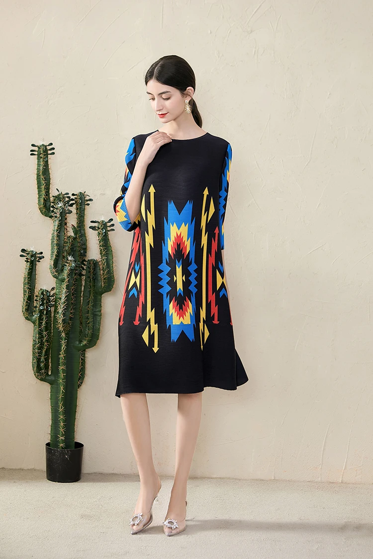 HOT SELLING  Miyake fashion print dress fold dress with three quarter dress IN STOCK