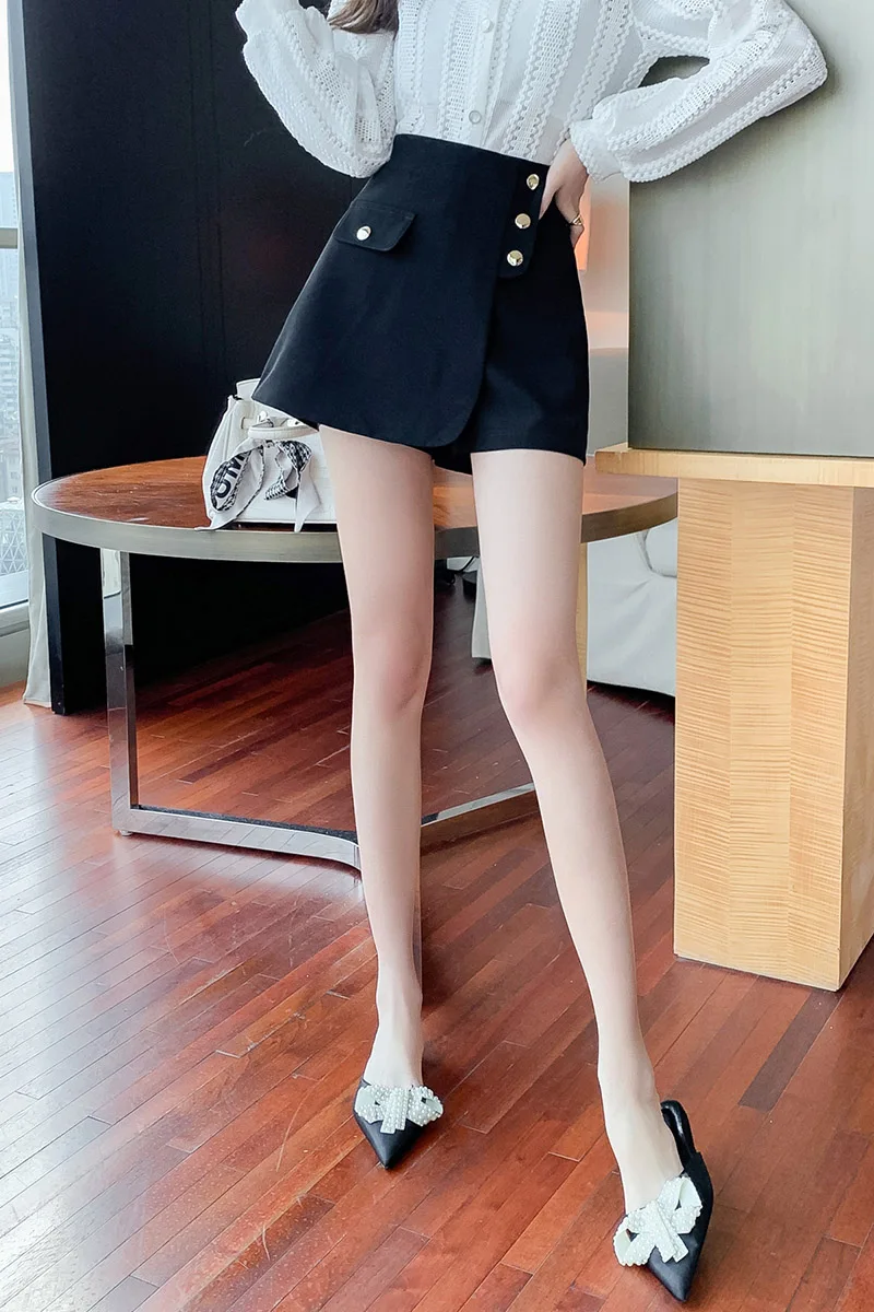 

Houthion Women's Shorts New Slim Thin Casual Fashion Buttons High Waist Zipper Solid Color Culottes Summer