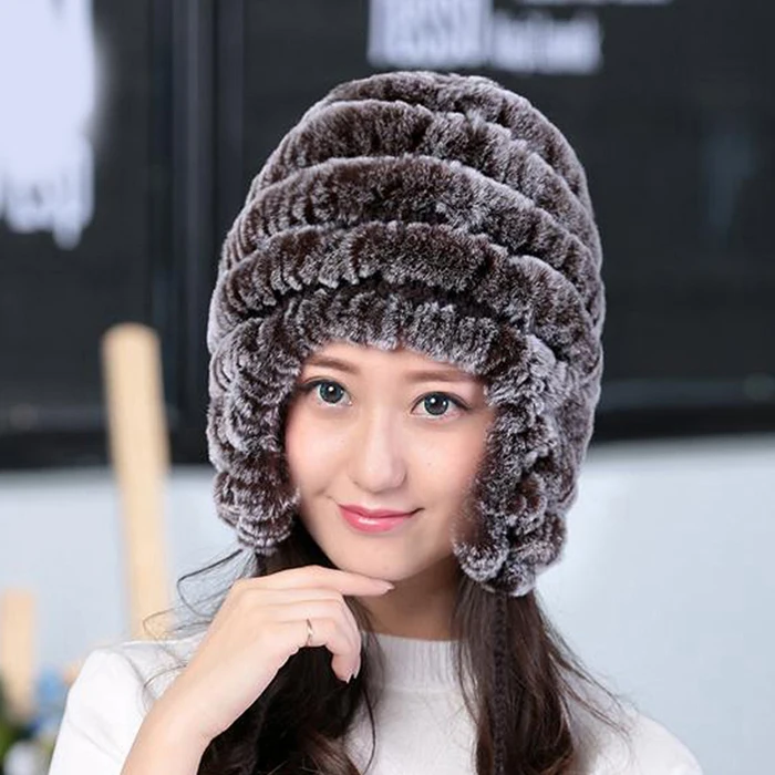 Lady Real Fur Earflap Hats Women Natural Rex Rabbit Fur Beanies Cap Russian Winter Warm Genuine Fur Hat Wholesale - Цвет: coffee