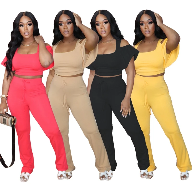 

ZKYZWX Sexy 2 Piece Set Ruffles Spaghetti Strap Crop Top Fitness Pants for Women Summer Vacation Outfits Night Club Matching Set