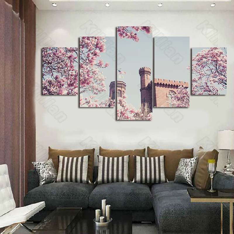 

Landscape Style Murals Canvas Painting Bed Home Decoration Prints 5 Pieces Cherry Bridge Blossoms Castle Living Room Wall Mural