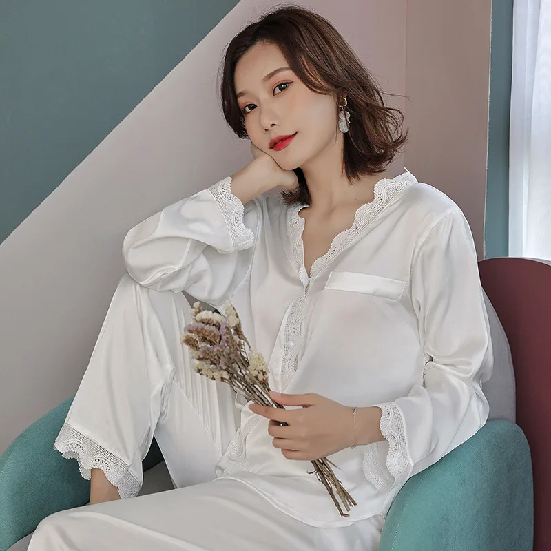 Ice Silk Autumn Women Pajama Set  Long Sleeve Retro Wind Lace Sexy Pyjamas